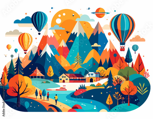 Vibrant Landscape with Hot Air Balloons Mountains Trees People and a River Under a Bright Sun Pixel Art Style in a Colorful Geometric Composition