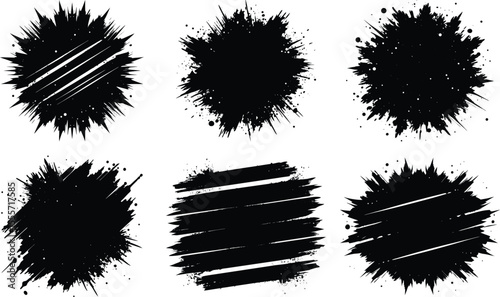 Vector art of six black ink splatters isolated on transparent background, perfect for graphic design projects