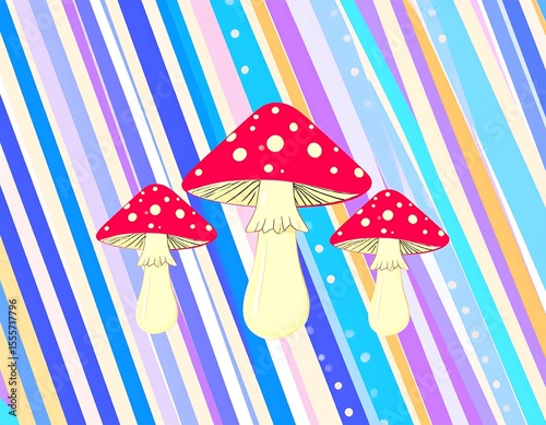 Three red toadstools against a striped background