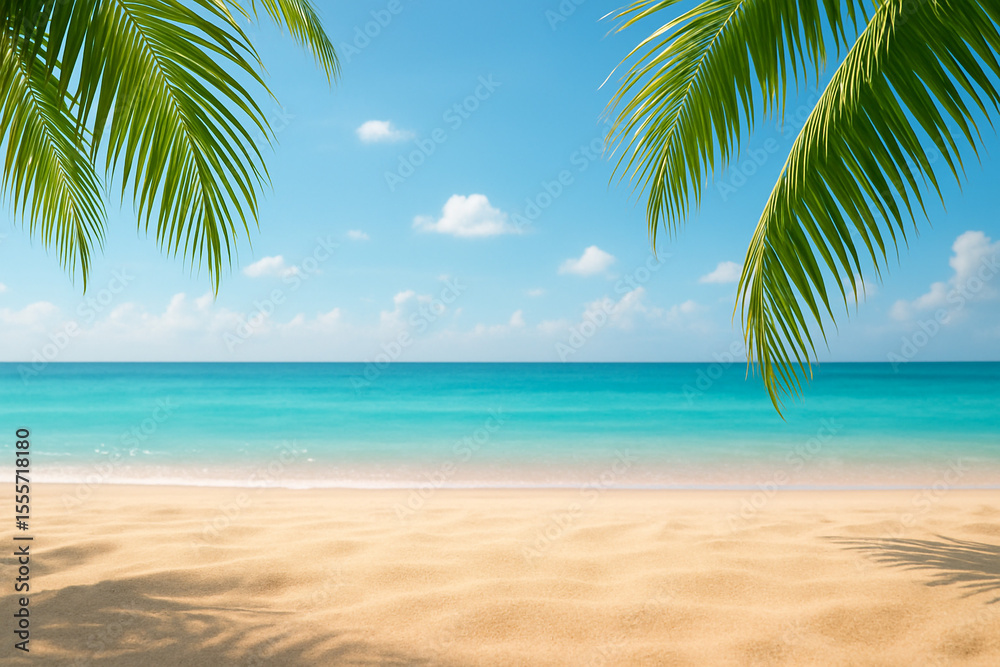 Fototapeta premium Peaceful tropical seashore with golden sand, turquoise sea, and palm tree shadows.
