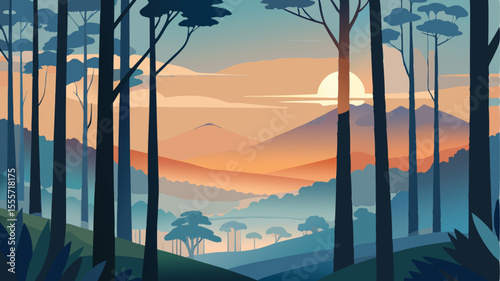 A view of distant mountains through a forest at sunset time landscape illustration