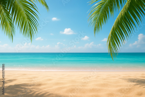 Peaceful tropical seashore with golden sand, turquoise sea, and palm tree shadows.