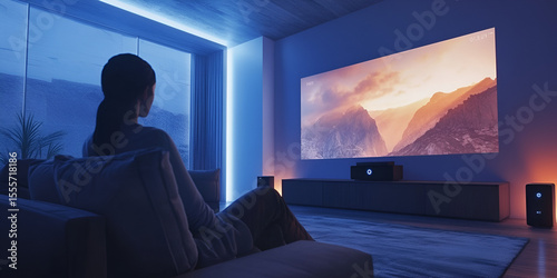 Woman Watching Stunning Nature Documentary on Home Theater Projector, Relaxing Alone with Scenic Movie on Large Screen, Viewing Beautiful Landscape Film at Home

