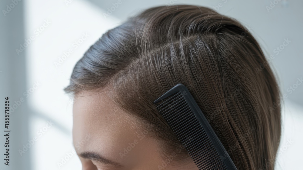 Fototapeta premium Caucasian young female with brown hair parted and combed