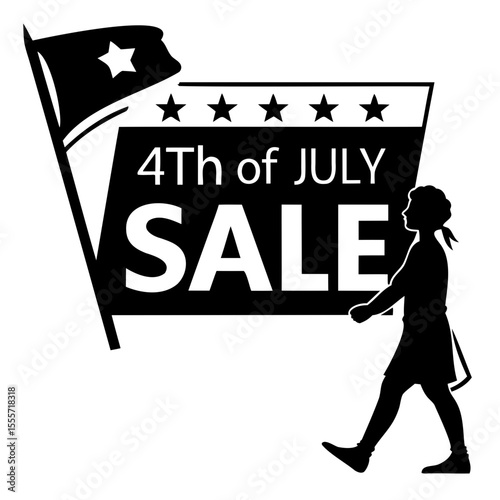 Silhouette of a girl marching with a fourth of july sale banner and a star spangled flag on transparent background