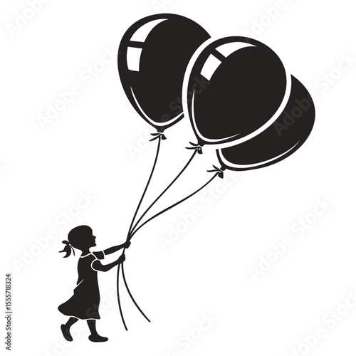 Silhouette of a young girl holding three large balloons with strings on a white background design on transparent background