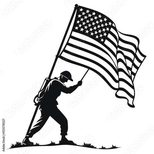 Silhouette of a soldier carrying a large american flag on a pole up a grassy hill in black and white on transparent background