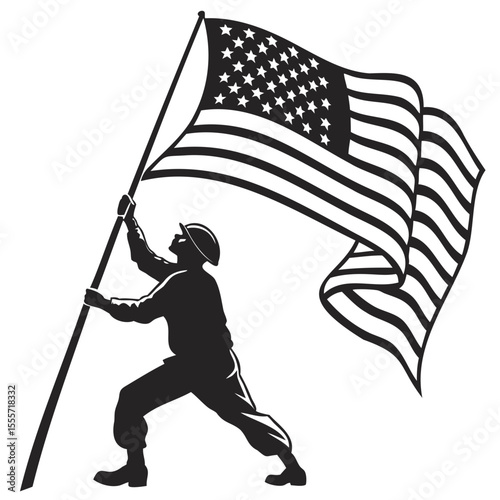 Silhouette of a soldier holding a large american flag on a pole in a black and white drawing on transparent background