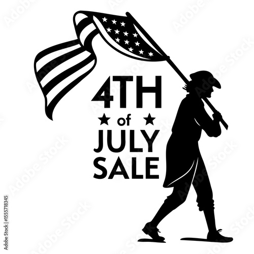 Silhouette of revolutionary war soldier carrying american flag with 4th of july sale text on transparent background