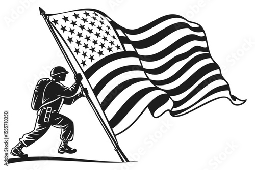 Silhouette of soldier carrying waving american flag with stars and stripes in black and white on transparent background
