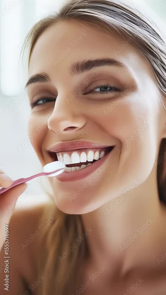 Young woman confidently brushing teeth, applying toothpaste during morning bathroom hygiene routine, focusing on dental care Young woman confidently brushing teeth, applying toothpaste during morning bathroom hygiene routine, focusing on dental care