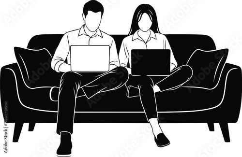 Remote working couple silhouettes. Man and woman sitting on couch with laptops, relaxed business posture. Black vector silhouettes with clean outlines on white.