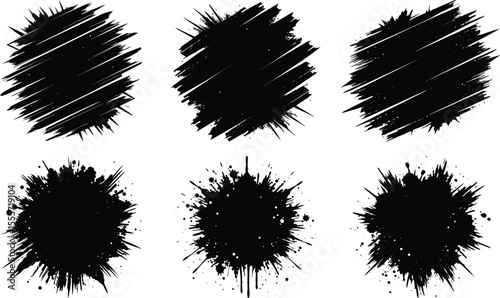 Vector art of six black ink splatters isolated on transparent background, perfect for graphic design projects