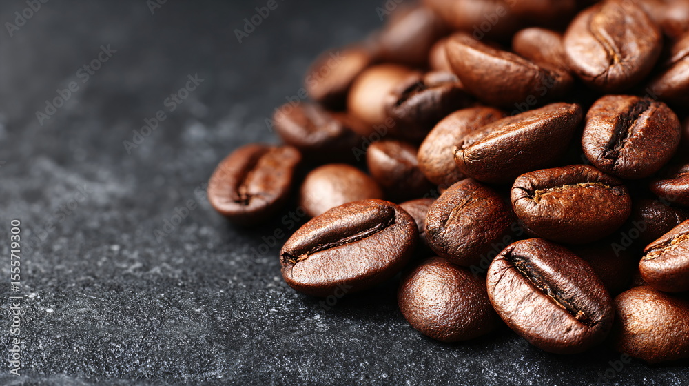 Naklejka premium Macro shot of roasted coffee bean heap on dark surface. Fresh coffee seed background for drink menu design.