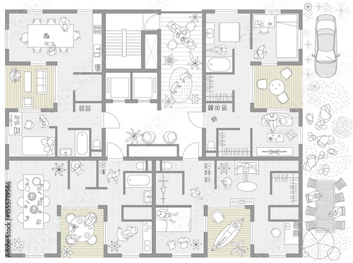 Fantasy apartment architectural design top view drawing sample