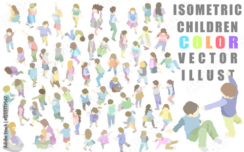 Hand drawn isometric kids simple color illustration set