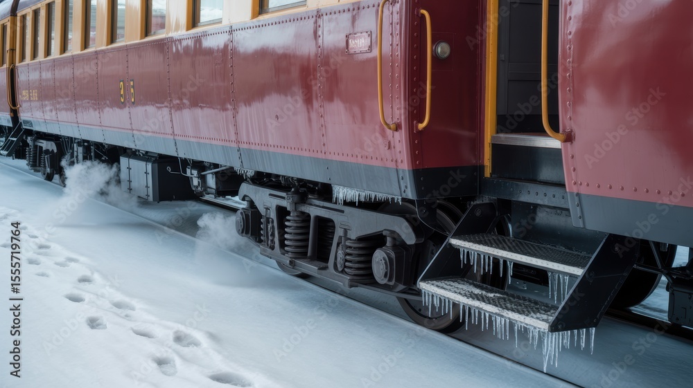Obraz premium Vintage train in snow with icicles on wheels and steps in winter scene