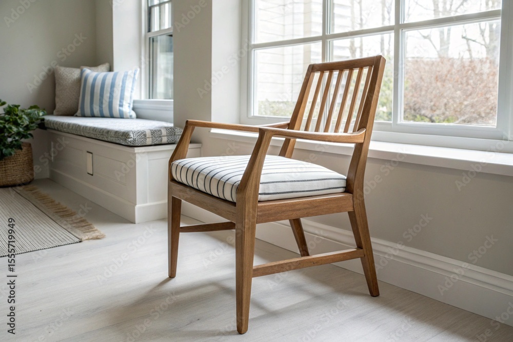 Fototapeta premium Wooden dining chair with striped cushion in cozy window nook interior with natural light