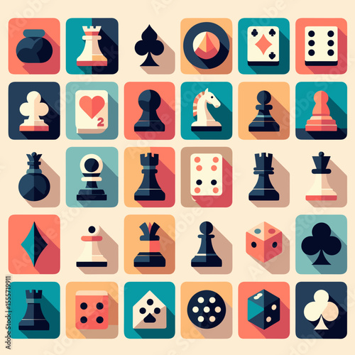 Board game icons, strategic mood, colorful flat design, arranged in a grid