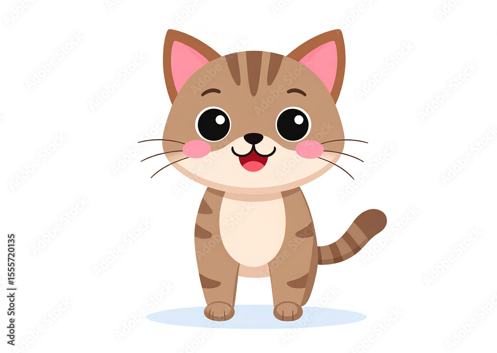 Obraz premium Smiling cartoon cat with big eyes and tiny paws, sitting happily on a white background.