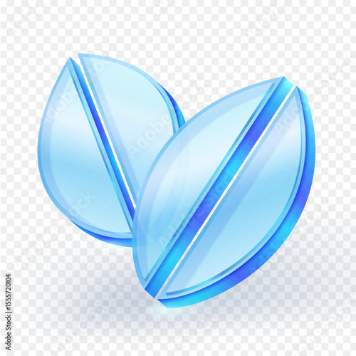 3D vector icon of two shiny blue glass leaves representing nature, symbolizing nature, growth, and eco-friendliness. Perfect for environmental, health, or organic themes.