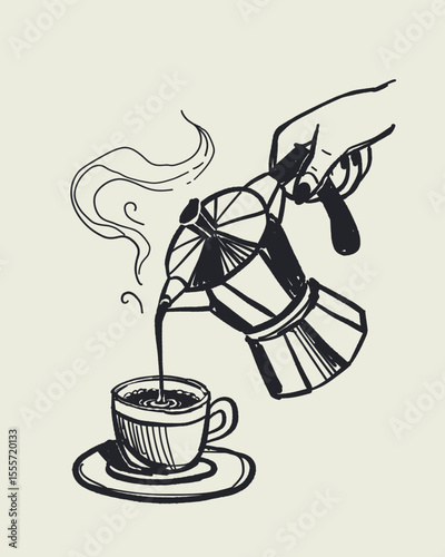 Hand drawn doodle sketch vector of moka pot pouring coffee into cup with saucer, Italian breakfast scene, dolce vita style