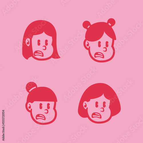 Cartoon vector of four angry girl faces with different hairstyles in bold red on pink background. Fun and expressive character set for branding, emoji, or mascot use. EPS file