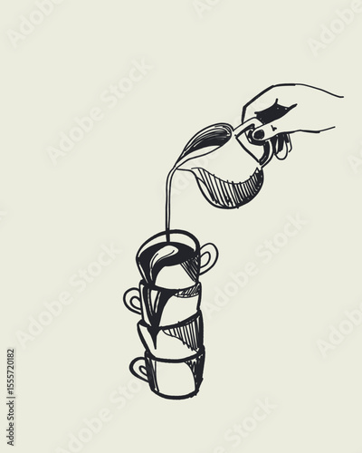 Hand drawn doodle sketch vector of milk pouring into stacked coffee cups, whimsical espresso tower, cozy dolce vita style
