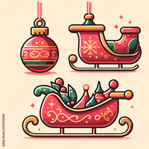 Christmas sleigh and ornament, festive mood, colorful illustration, on a light background