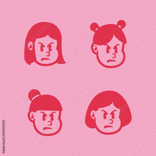 Cartoon vector of four angry girl faces with different hairstyles in bold red on pink background. Fun and expressive character set for branding, emoji, or mascot use. EPS file