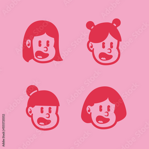 Cartoon vector of four angry girl faces with different hairstyles in bold red on pink background. Fun and expressive character set for branding, emoji, or mascot use. EPS file
