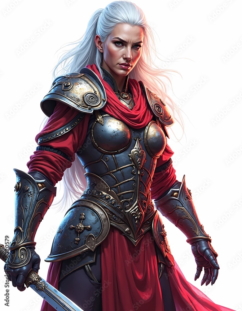 Obraz premium digital painting of senior female knight character wearing magnificent armor isolated on white background. Generate Ai