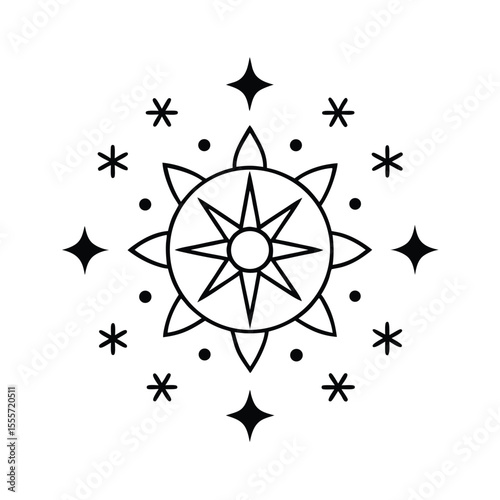 Mystical celestial mandala design featuring intricate stars crescent moons and cosmic elements on a clean white background