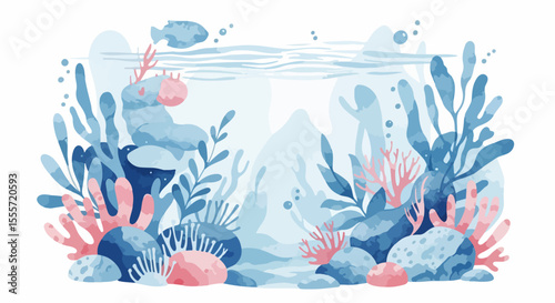 A delicate watercolor inspired by the underwater world of coral reefs, rendered in soft shapes and dreamy ocean hues