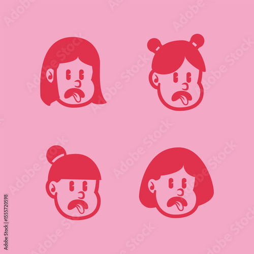 Cartoon vector of four angry girl faces with different hairstyles in bold red on pink background. Fun and expressive character set for branding, emoji, or mascot use. EPS file