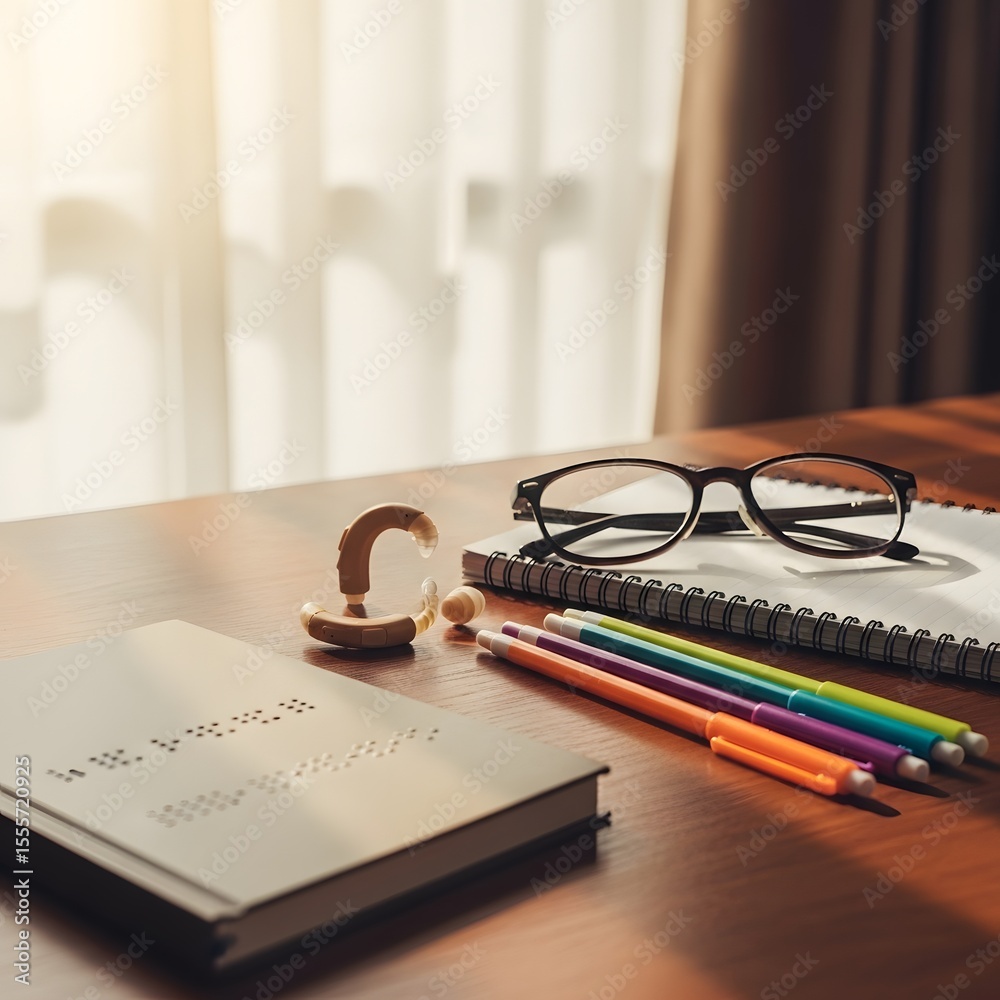 Fototapeta premium Braille book, notepad, glasses, and pens on a wooden desk near a window.