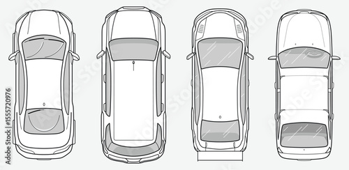 Set of model car sedan in top view. Taxi and ambulance car. Vehicles for planing architectural entourage. City transport in above view. Vector automotive collection