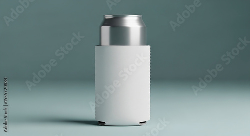 A white neoprene can cooler is isolated on a white background, showcasing a blank template for branding and design