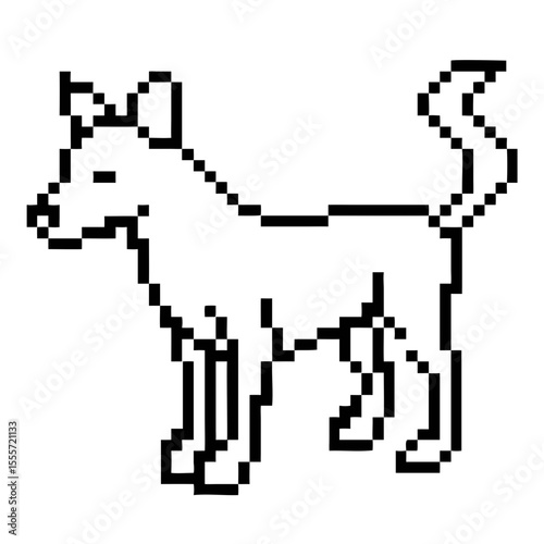 Pixel art representation of a playful dingo standing on a white background