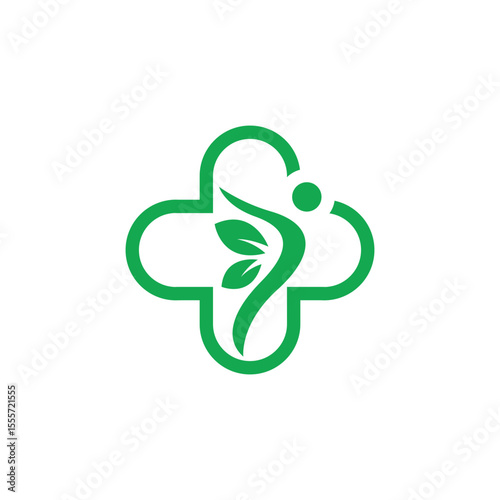 Eco Medical Cross Symbol, Holistic Health and Nature Icon.