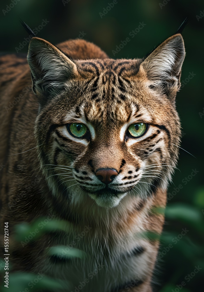 Fototapeta premium Close up portrait of a majestic lynx with striking green eyes, peering intently from a lush green forest, showcasing its wild beauty and natural camouflage within its habitat