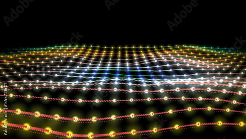 Abstract Glowing Particle Grid on Black Background with Wavy Lines and Colorful Lights This image showcases