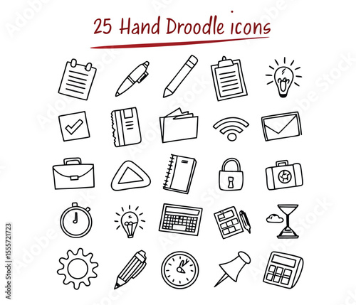 Hand-drawn Icon Collection: A charming assortment of 25 hand-drawn icons, meticulously crafted with clean lines and a whimsical aesthetic.