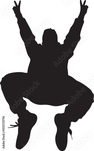 Dynamic silhouette of a person jumping and making a peace sign for victory celebration.