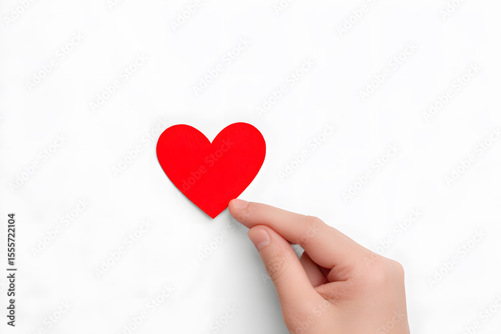 Obraz premium Hand reaching for red paper heart isolated on white. Love, kindness, and giving gesture, symbolic emotional connection.