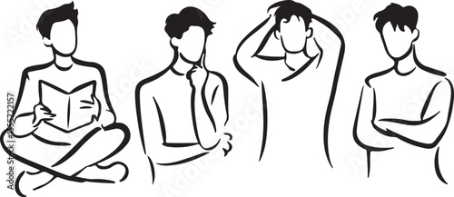 Line art depicting diverse emotions and poses of men in contemplative or relaxed states.