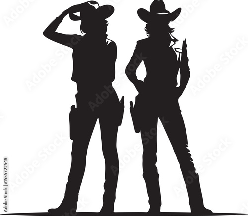 Silhouette illustration of two cowgirls posing in western outfits with handguns and holsters.