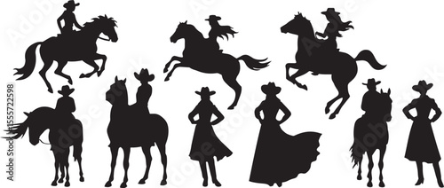 Silhouette illustrations of cowboys and cowgirls on horses and posing isolated on white background.