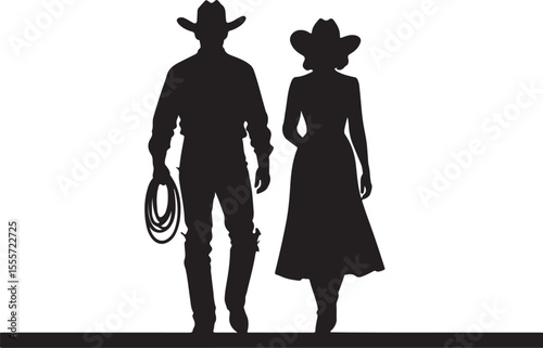 Silhouette of a cowboy and cowgirl walking side by side against a white background.