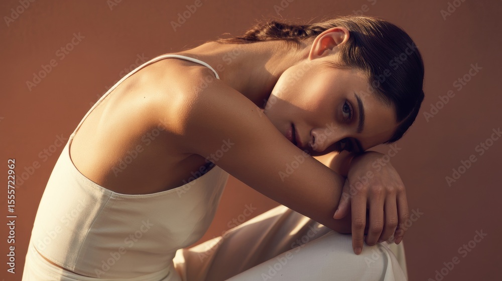Obraz premium Female caucasian young woman in serene pose with soft lighting and warm background